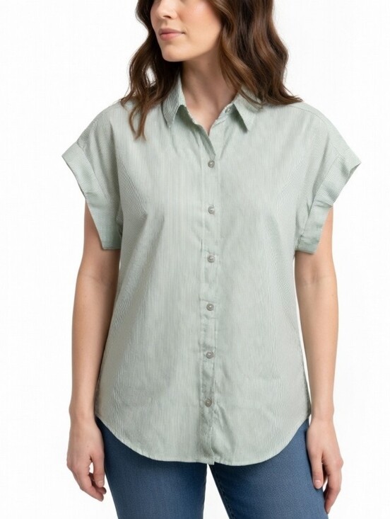 Tilley Tops - Tilley Sage And White Striped Button-Front Short Sleeve Tencel Top Size S